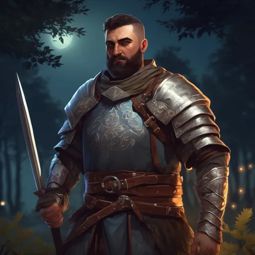 Prompt: (Full body) male stocky turkish knight with short hair and beard, in nature at night, pathfinder, d&d setting, in a realistic digital art style