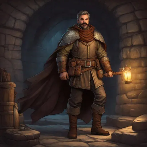 Prompt: (Fullbody) a mature rogue manly face, brown-grey short-hair mustache and stubble, leather armor open chest hairy, heavy belt, brown boots, cloak, pathfinder, dungeons and dragons, exploring an old dungeon in the dark, holding a dagger and a lantern, in a painted style, realistic