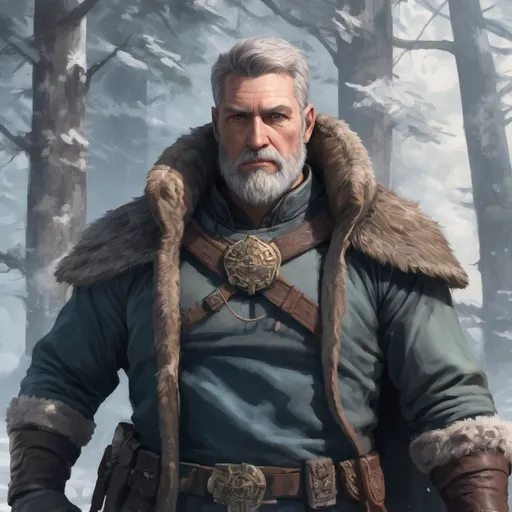 Prompt: (torso) Male stocky mature noble explorer, with short hair and beard, standing on an temple in a winter forest, pathfinder, d&d setting, enhanced shadow quality