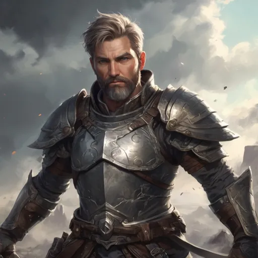 Prompt: (torso) Male heavy-set mature fit magical Paladin with short-cut hair and beard, holding fantasy-weapon , in a windy battlefield, pathfinder, d&d setting, enhanced shadow quality