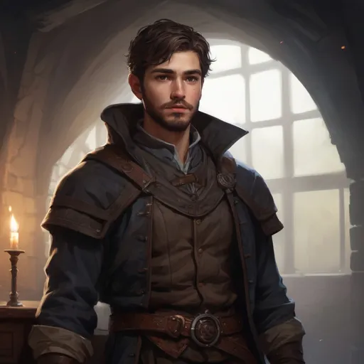 Prompt: Male stocky large young scholar with short-cut hair and beard, exploring a dark trasure room, pathfinder, d&d setting, realistic, enhanced shadow quality