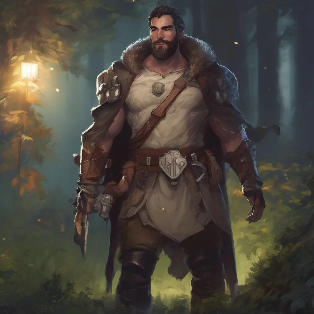 Prompt: (Full body) male stocky big-chested hairy-chested paladin with short hair and beard, no shirt on, in nature at night, pathfinder, d&d setting, in a realistic digital art style