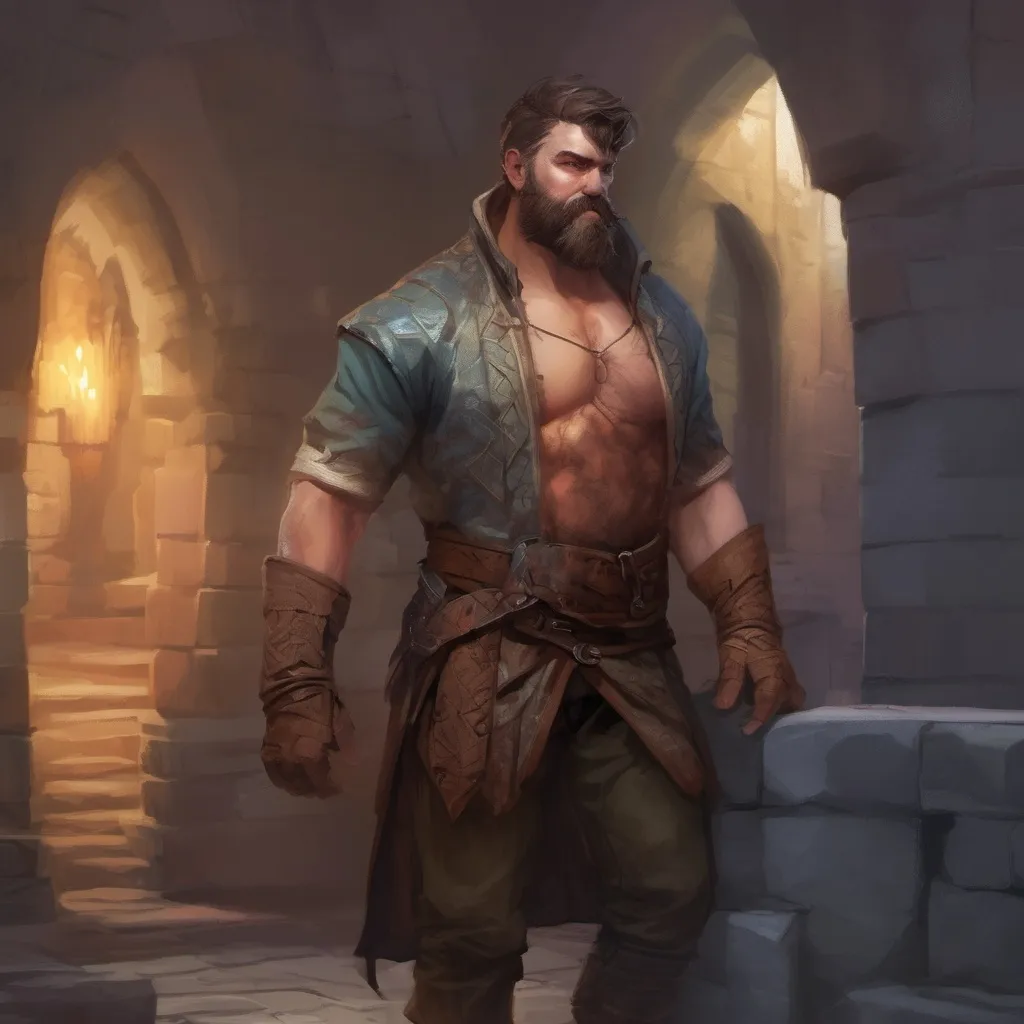 Prompt: (Full body) male stocky big-chested bandit with short dark hair and beard, no shirt on, in a dark castle, pathfinder, d&d setting, in a realistic digital art style