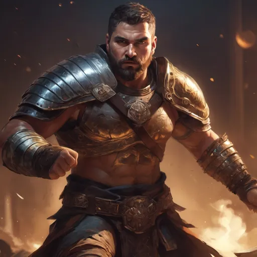 Prompt: Male stocky mature gladiator with short-cut hair and beard, in combat holding a weapon, inside of an arena at nigjt. pathfinder, d&d setting, in a realistic high quality digital art style, enhanced shadow quality