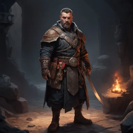 Prompt: Male stocky large mature albanian fighter with short-cut hair and beard, exploring a dark dungeon, pathfinder, d&d setting, in a realistic high quality digital art style, enhanced shadow quality, colorful