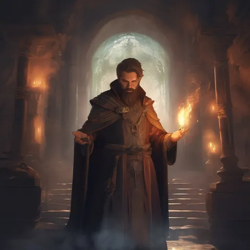 Prompt: (Full body) male stocky arcane sorcerer with short-cut hair and beard, casting a magical spell, in a dark magic temple dungeon, cloak, pathfinder, d&d setting, in a realistic digital art style