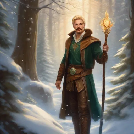 Prompt: (Full body) a male druid with mustache and stubble short-cut blonde hair, handsome manly face, belt, boots, leather pants, holding magical staff, swirly lights, standing outside of a snowy forest, fantasy setting, dungeons & dragons, in a painted style realistic art