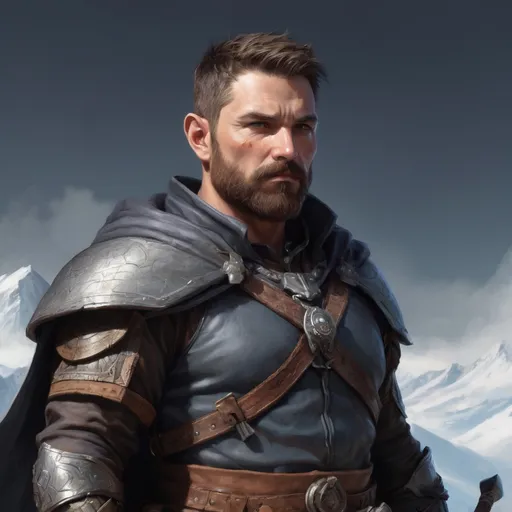 Prompt: Male heavy-set fit fat beefy 37-year old hunky oracle with short-cut hair and beard, holding magic fantasy-weapon, on a windy mountain field, pathfinder, d&d setting, enhanced shadow quality