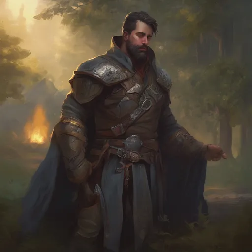 Prompt: (Full body) male manly stocky holy paladin with dark short-cut hair and beard, in nature at night, pathfinder, d&d setting, in a realistic digital art style