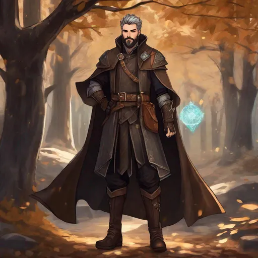 Prompt: (Full-body) A handsome hairy male alchemist with short hair and short beard, salt and pepper hair, magic ice spell in one hand, dark leather armor with wooden details, brown cloak, boots, dark path in the woods, in a shaded painted style