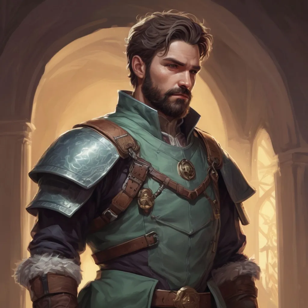 Prompt: Male stocky hairy sneaky spy in sage light-armour with short hair and beard, exploring a dark mansion, pathfinder, d&d setting, in a realistic high quality digital art style, enhanced shadow quality, colorful