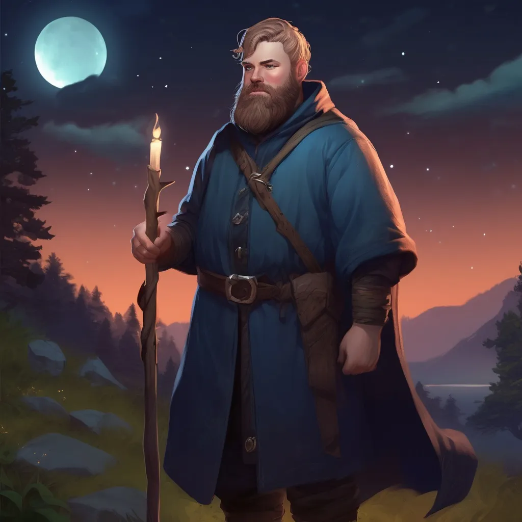 Prompt: (Full body) male stocky norwegian mage with short hair and beard, in nature at night, pathfinder, d&d setting, in a realistic digital art style