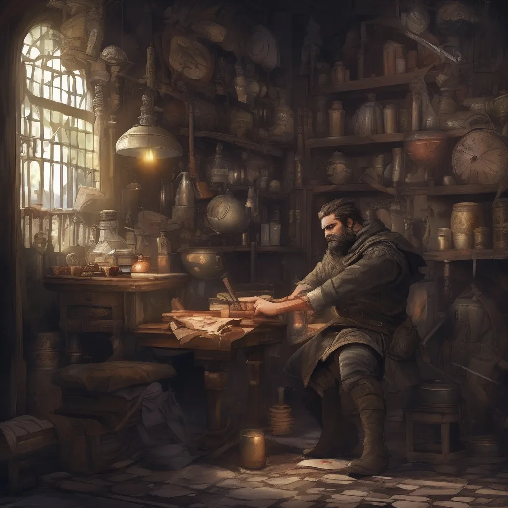 Prompt: (Full body) male stocky young alchemist with grey short-cut hair and beard, in a dark room, pathfinder, d&d setting, in a realistic digital art style