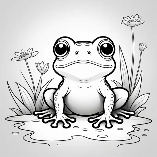 Prompt: Black and white coloring book page, super simple, no grayscale, no dark areas, only outlines, cartoon style for kids, baby frog