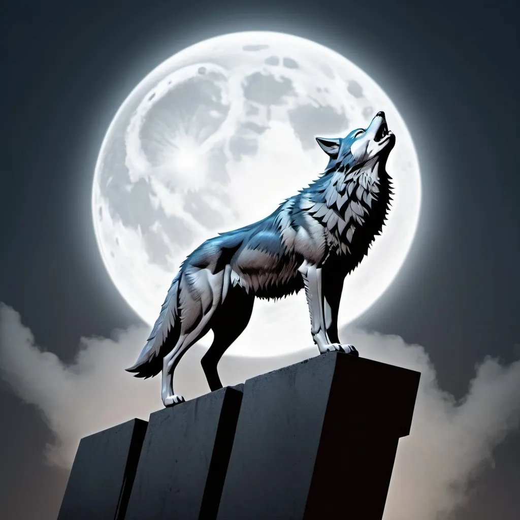 Prompt: Generate an image of a wolf on a ledge howling at the moon.  The wolf has laser eyes.  Design it in the fashion of X-men comics.