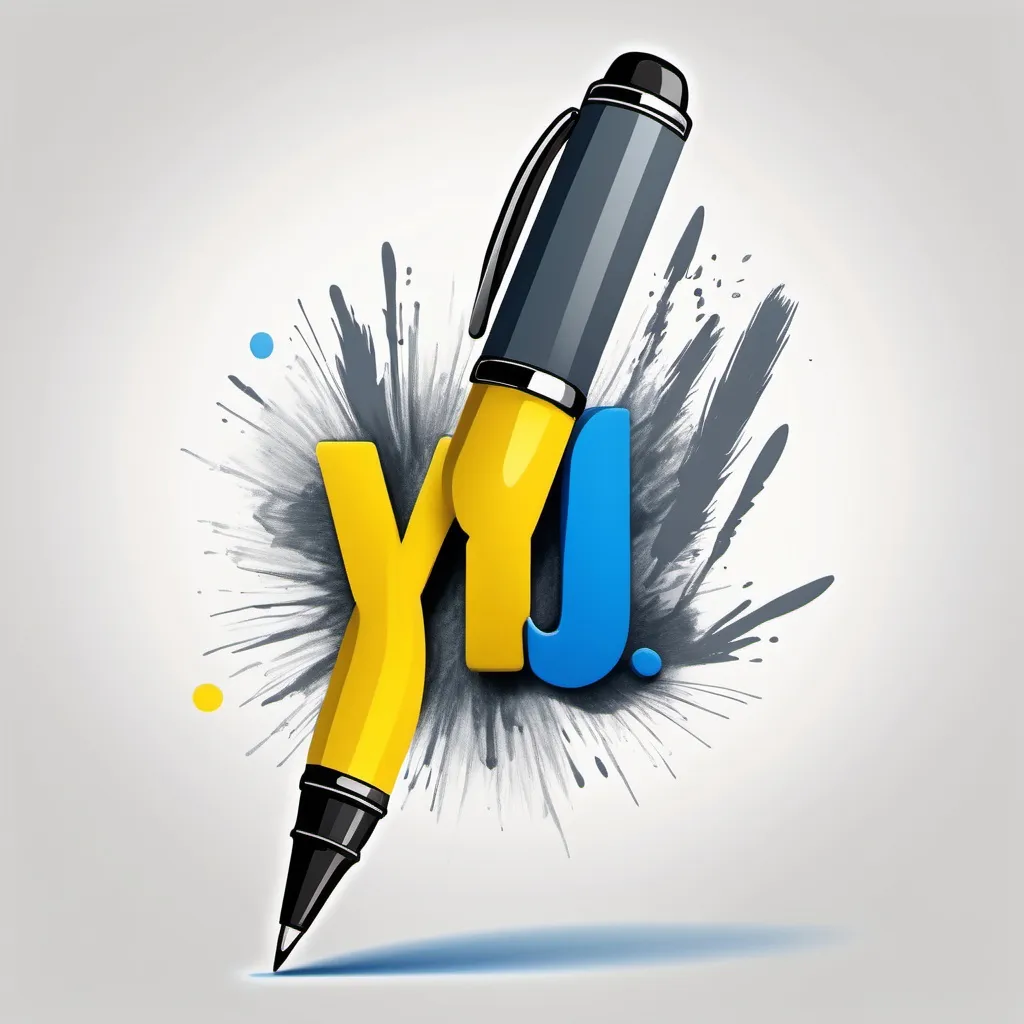 Prompt: The YouTube channel logo professionally combines a writing pen, ink, a book, and colors that are cool blue, gray, and a little yellow.