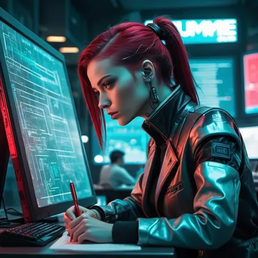 Prompt: CREATE A MEME, female AI androide writing down visible blackboard text="market cap 14k" as chatgpt at computer desk
futuristic cityscape, urban cyberpunk setting, intense and focused gaze, cool tones, cyberpunk, game style, red and cyan secondary colors, futuristic-biomechanical, atmospheric lighting, best quality, highres, ultra-detailed