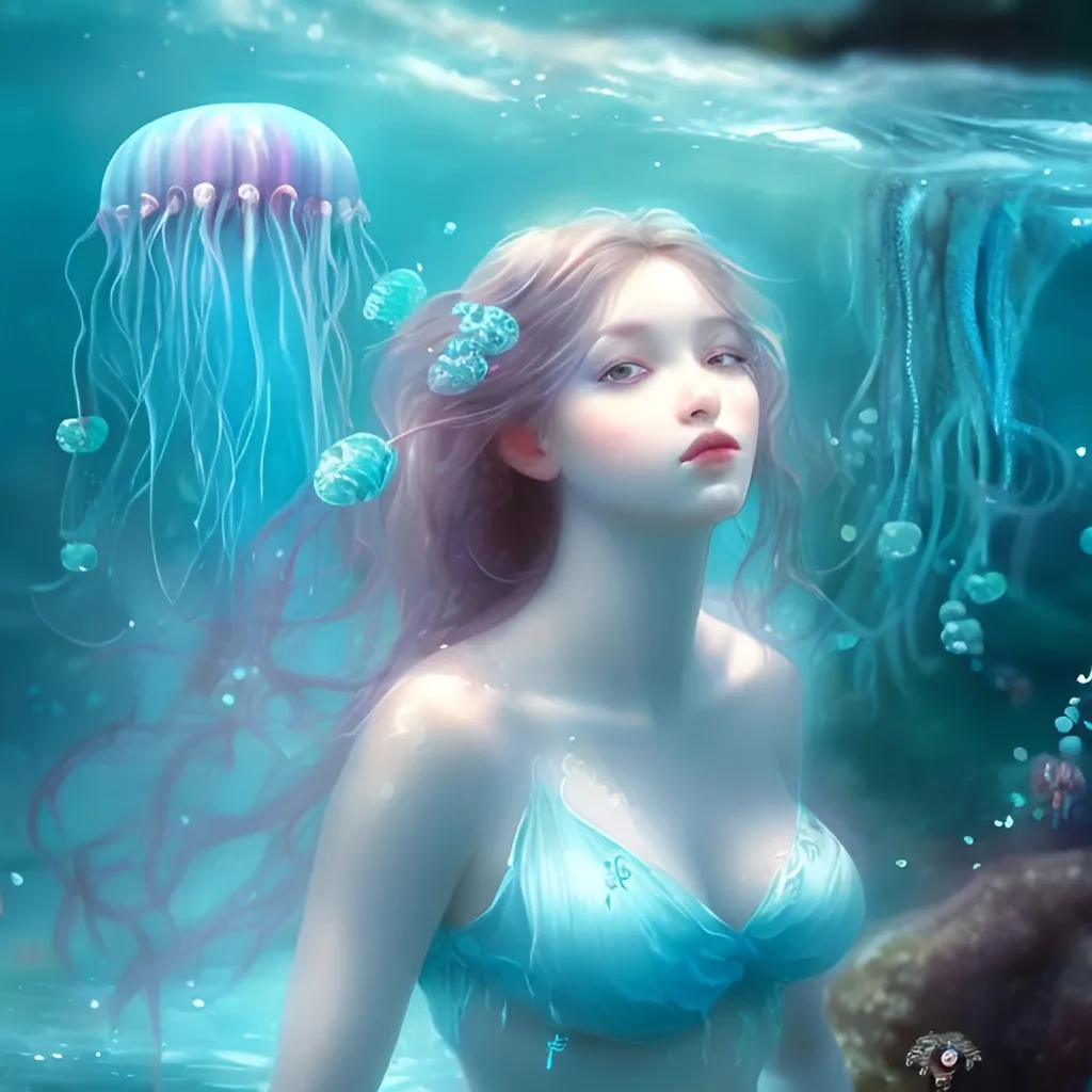 Prompt: A pretty girl in the water thats a water nymph with blue jellyfish surrounding her