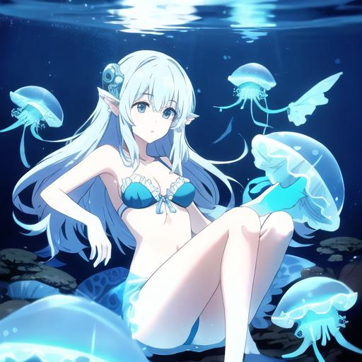 Prompt: A pretty girl in the water thats a water nymph with blue jellyfish surrounding her