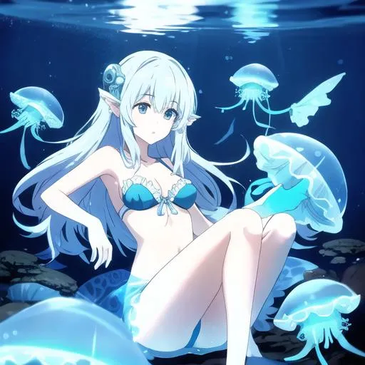 Prompt: A pretty girl in the water thats a water nymph with blue jellyfish surrounding her