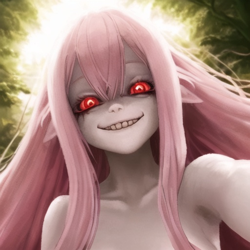 Prompt: A pretty girl with long light pink hair standing in the forest with a horrific smile. Her red eyes sparkle and look innocent but her mouth is mutilated and bloody