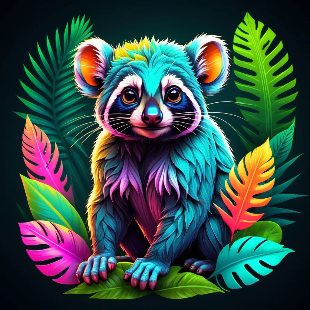 Prompt: diseño grafico de una mapache animado bonito
(animal) con fondo de selva tropical realista y el conjunto con muchos colores neon
mucha resolución