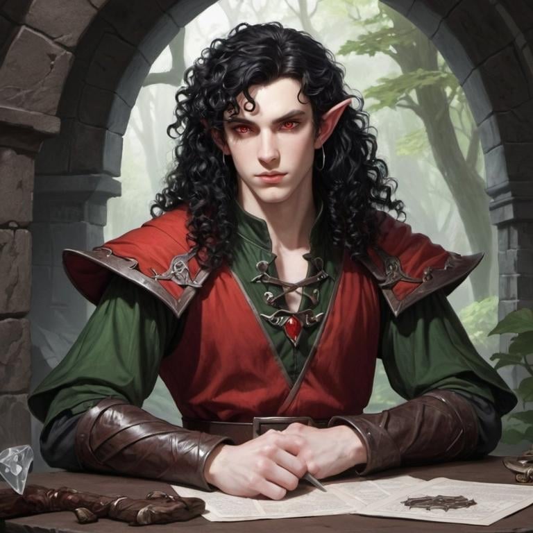 Prompt: dungeons and dragons, elf, pale skin, black hair, curly hair, long hair, red eyes, male