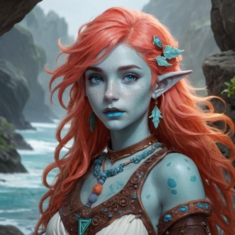 Prompt: dungeons and dragons, elf, blue skin, coral hair, freckles, female, druid, wavy hair, stone necklace, dark lips