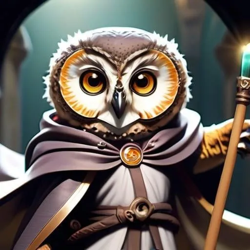 Prompt: small humanoid owl, large eyes, cleric clothing, dungeons and dragons, white clothes