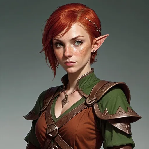 Prompt: dungeons and dragons, elf, female, red hair, sorcerer, freckles, short hair, symbol on forehead, scars, brown clothing