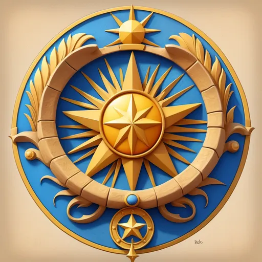 Prompt: Design a coat of arms for an ancient desert city named 'Belmora'. The coat of arms is divided into three horizontal sections:

    Top section: A bright blue sky with a large, golden sun in the center, symbolizing the scorching desert heat. In the middle of the sun is a shining golden star, representing the city's wealth and prominence on trade routes.

    Middle section: A flowing blue ribbon representing a life-giving oasis runs horizontally across the shield. Above the ribbon, there is a silver crescent moon, symbolizing peace and the city's bustling trade under the night sky.

    Bottom section: Three golden sand dunes rest against a brown background, symbolizing the surrounding desert. At the peak of each dune, a small flame burns, representing the city's resilience and survival in harsh conditions.

The overall color palette includes gold for prosperity, blue for life and water, silver for peace, and shades of brown and yellow for the desert landscape."