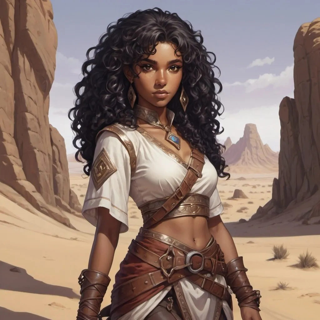 Prompt: dungeons and dragons, human, black hair, curly hair, female, brown skin, desert