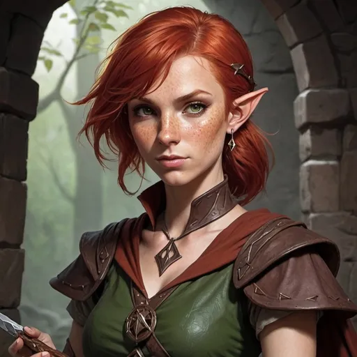 Prompt: dungeons and dragons, elf, female, red hair, sorcerer, freckles, short hair, symbol on forehead, scars, brown clothing
