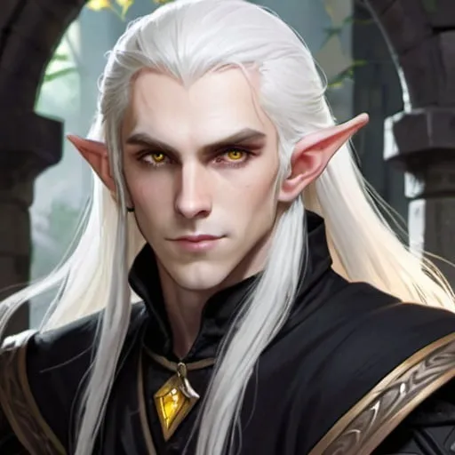 Prompt: dungeons and dragons, elf, pale skin, male, yellow eyes, stubble, white hair, long hair, thin shoulders, black clothes