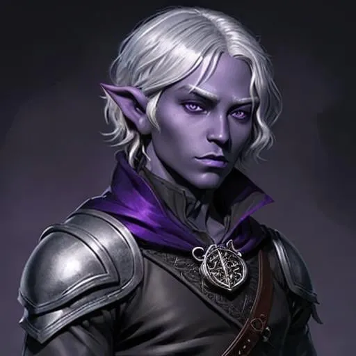 Prompt: dungeons and dragons, drow, male, short hair, silver hair, wavy hair, rogue, black clothes, purple skin, elf