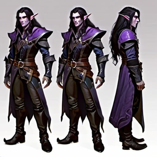 Prompt: outfit design, dungeons and dragons, noble, artificer, leather straps, male, full body, elf, long hair, black hair, high quality, dark clothes, drow, purple skin