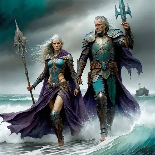 Prompt: Watercolor painting image style of John Blanche, of a high elf, holding up a trident, beautiful, angry 30 year old female, from knees up, grey hair with detailed facial features, sun damaged skin, barnacles growing on armor,  dressed in tattered cloaks of deep purple, turquoise, deep purple, beige and teal with copper armour detail, moody windswept oceanscape background, high quality, detailed, dark fantasy, warhammer, intricate details, ethereal lighting