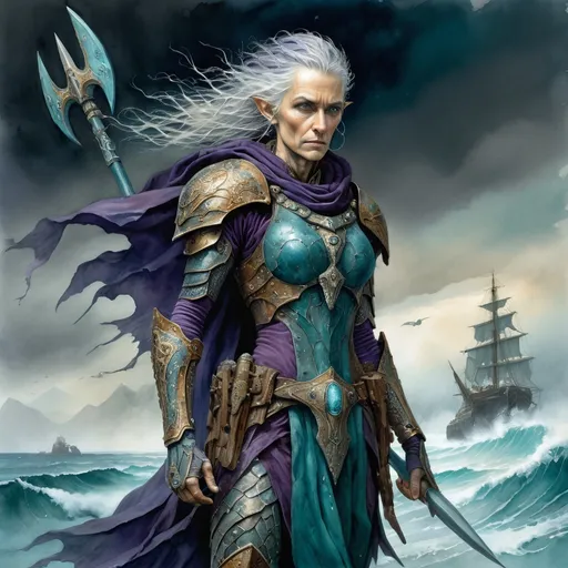 Prompt: Watercolor painting image style of John Blanche, of a high elf, beautiful, angry 30 year old female, from knees up, grey hair with detailed facial features, sun damaged skin, holding neptune's trident, barnacles growing on armor,  dressed in tattered cloaks of deep purple, turquoise, deep purple, beige and teal with copper armour detail, moody windswept oceanscape background, high quality, detailed, dark fantasy, warhammer, intricate details, ethereal lighting