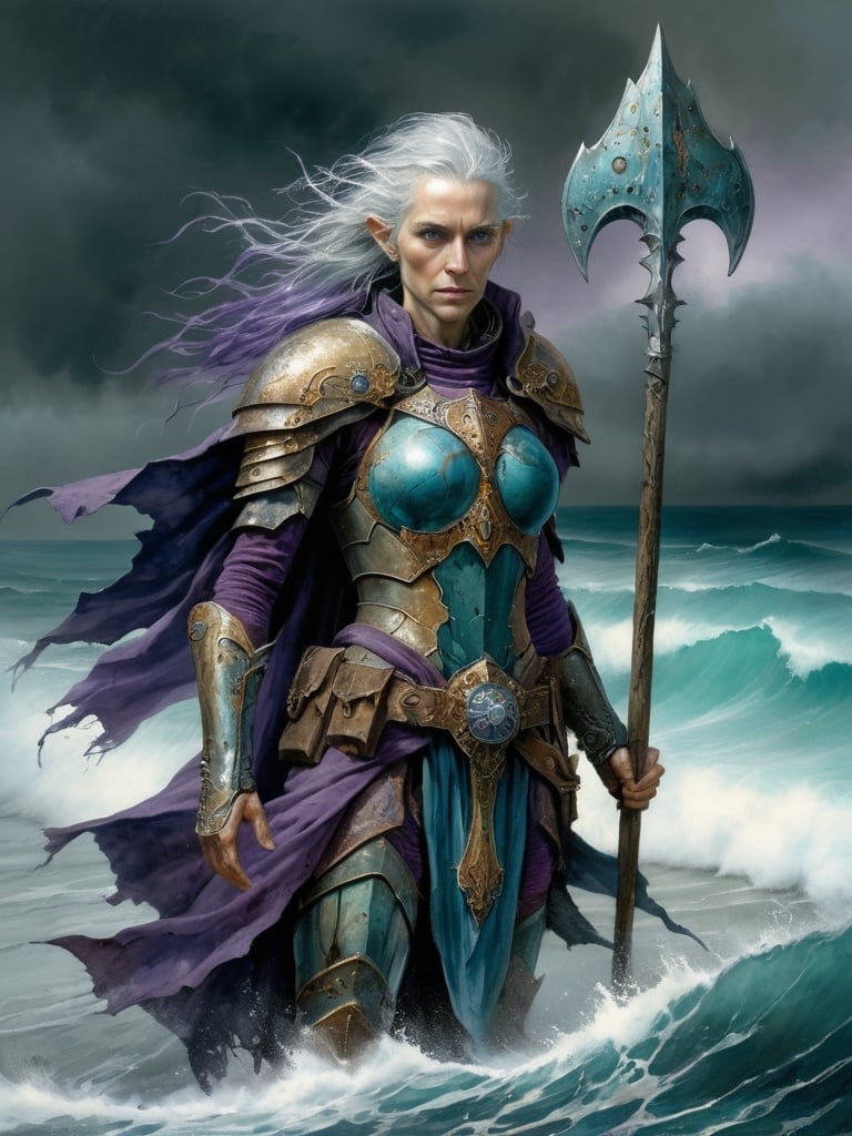 Prompt: Watercolor painting image style of John Blanche, of a high elf, beautiful, angry 30 year old female, from knees up, grey hair with detailed facial features, sun damaged skin, holding neptune's trident, barnacles growing on armor,  dressed in tattered cloaks of deep purple, turquoise, deep purple, beige and teal with copper armour detail, moody windswept oceanscape background, high quality, detailed, dark fantasy, warhammer, intricate details, ethereal lighting