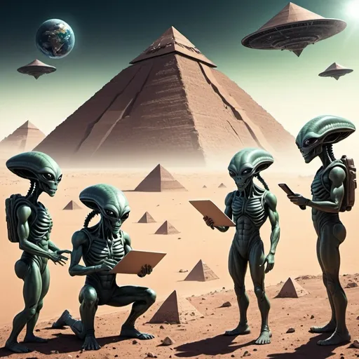 Prompt: Aliens visiting earth and sharing their technology of how to build Pyramids with human scientists looking confused and military solders in the background laughing