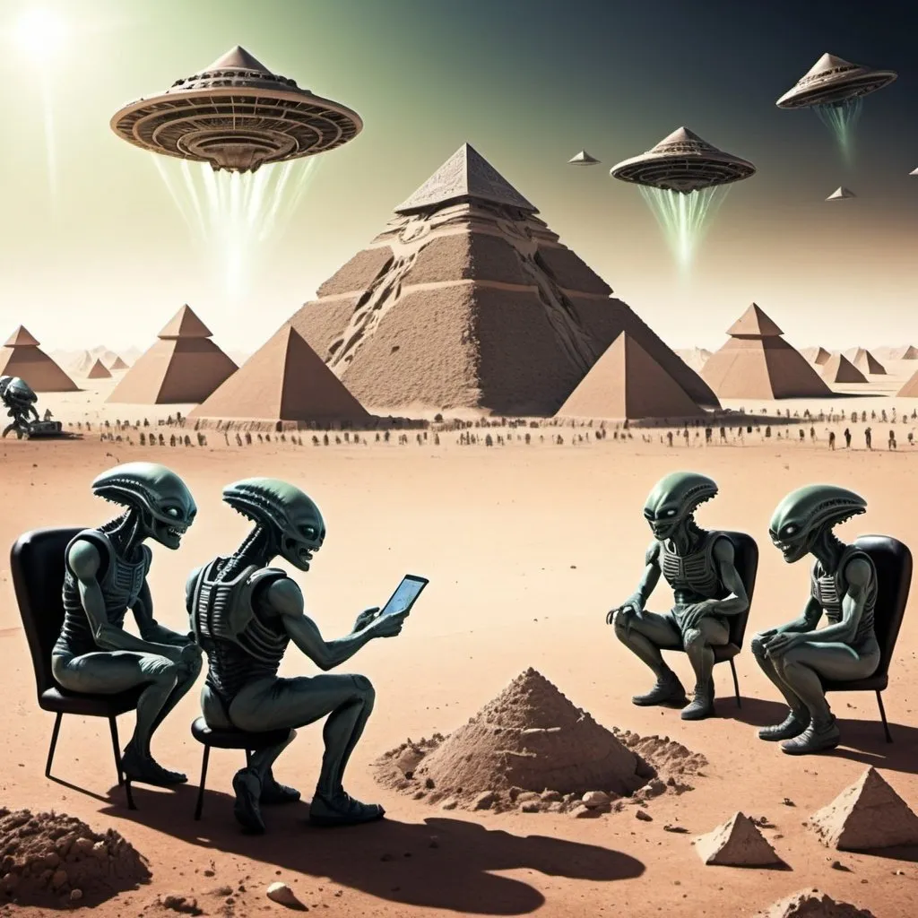 Prompt: Aliens visiting earth and sharing their technology of how to build Pyramids with human scientists looking confused and military solders in the background laughing