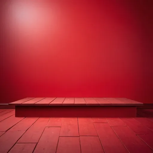 Prompt: red  studio background image 
 red color wall, low ground 2 level wood deck step on the floor
