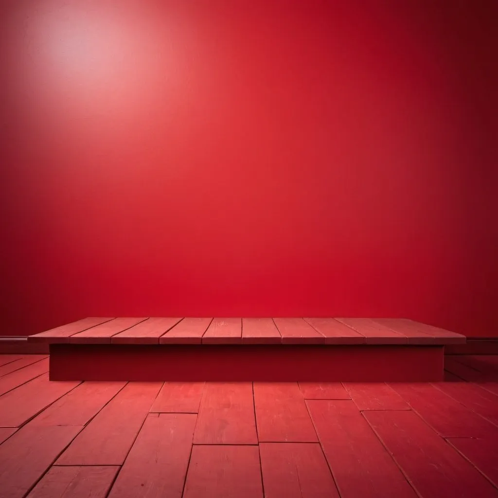 Prompt: red  studio background image 
 red color wall, low ground 2 level wood deck step on the floor
