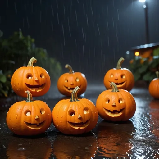 Prompt: small sized orange pumkins dancing in the rain.  rain coming down at medium pace with lighting bolt in background.  dark night
