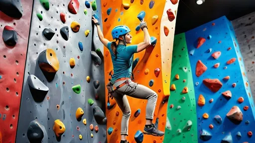 Prompt: Modern wall climber in a vibrant indoor climbing center, dynamic pose with intense focus, vibrant and energetic atmosphere, high-quality, detailed textures, professional, energetic, photorealistic, vibrant colors, dynamic pose, modern setting, indoor, realistic textures, professional lighting