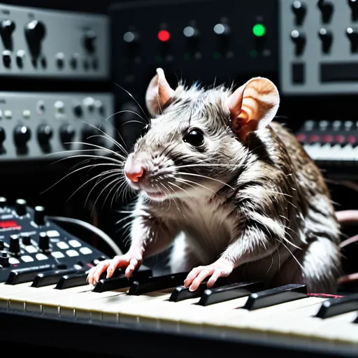 Prompt: epic rat at a synthesizer jamming in an epic high tech music lab