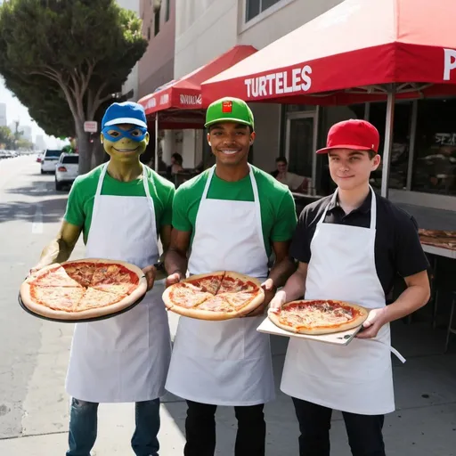 Prompt: Teenage mutant ninja turtles in aprons and working hats selling pizza in LA