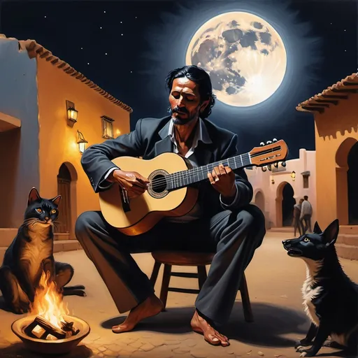 Prompt: A 45-year-old male gipsy playing the flamenco guitar at night below the full moon in Morocco. He has black hair, and it is hard to see his fast, majestic fingers moving passionately on the guitar. The crowd around him is dancing, clapping, and drinking around the fire. HQ. Painting. Realistic. 