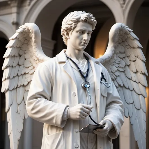 Prompt: White statue of a young male doctor with angel wings, long white coat, stethoscope around neck, holding scalpel, city square setting, detailed features, high quality, marble sculpture, angelic, serene lighting, professional, traditional art, urban, detailed wings, dramatic composition
