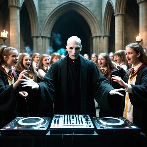 Prompt: Lord Voldemort being the DJ, and Hogwarts students dancing the rave 